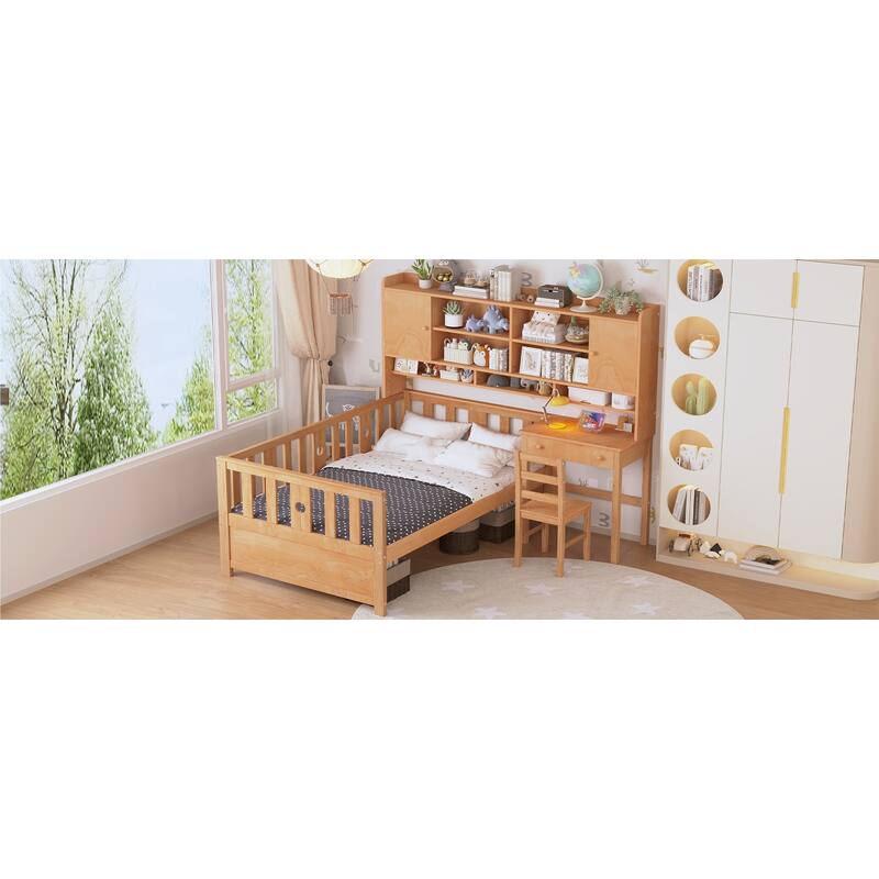 Twin Size Multifunctional Wood Platform Bed with Bookshelf,Built-in Desk and Matching Chair
