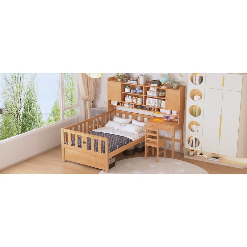 Twin Size Multifunctional Wood Platform Bed with Bookshelf at the Head of the Bed, Built-in Desk and Matching Chair, Natural