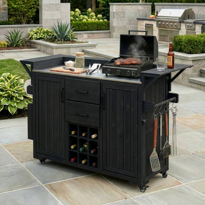 60" Rolling Outdoor Kitchen Island with Stainless Steel Top, Wood BBQ Prep Cart with Wine Rack & Drawers