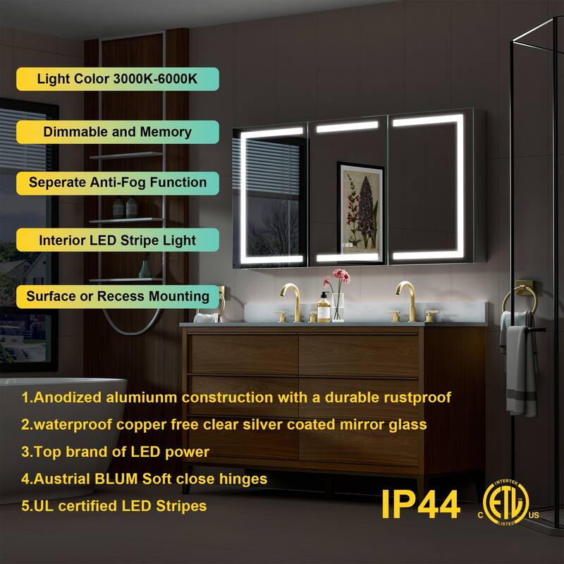 30" H Recessed or Surface LED Mirror Cabinet with Adjustable Glass Shelves,Defogger, Dimmer And Outlets & USB Ports