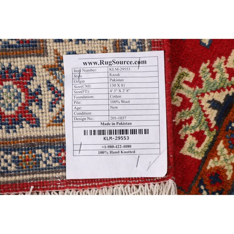 Geometric Red Kazak Oriental Accent Rug Bedroom Handmade Wool Carpet - 2'8" x 4'3"