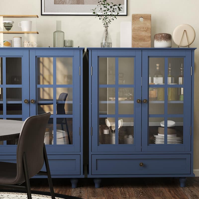 A Minimalist Buffet Cabinet with Double Glass Doors and a Drawer, Offering Modern Wooden Storage Solutions .