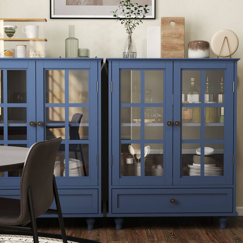 Buffet Cabinet with 2 Glass Doors & Drawer, Multifunctional Wooden Storage Cabinet, Coffee Bar Table with Adjustable Shelf