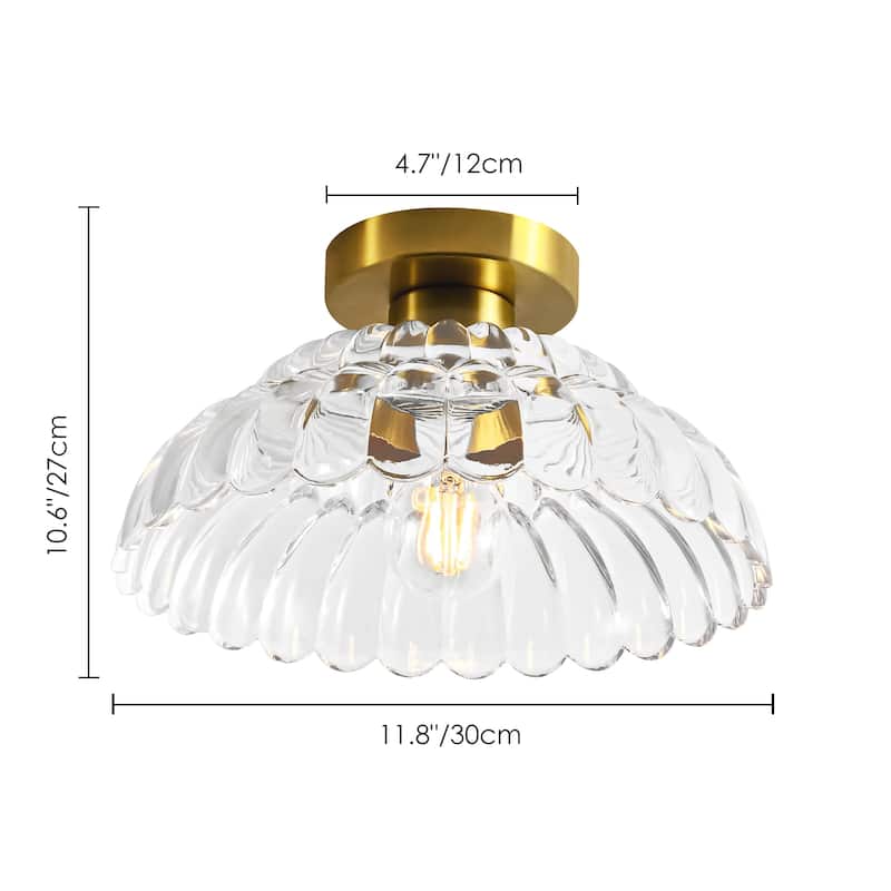 1-Light Vintage Brass Finish Metal Semi-Flush Mount Ceiling Light with Amber/Green/Grey/Clear Glass Shade for Kitchen, Hallway