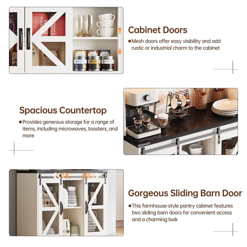 Gymojoy 71" Farmhouse Pantry Cabinet with LED Lights & Charging Station, Tall Kitchen Storage with Adjustable Shelves