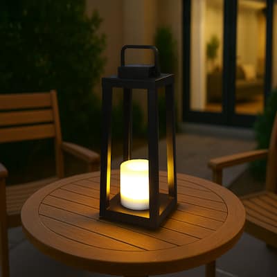 1 Light H16" Modern Matte Black Solar Lantern with Candle Shape Outdoor Light Decorative Portable Hanging LED Lights - W6''