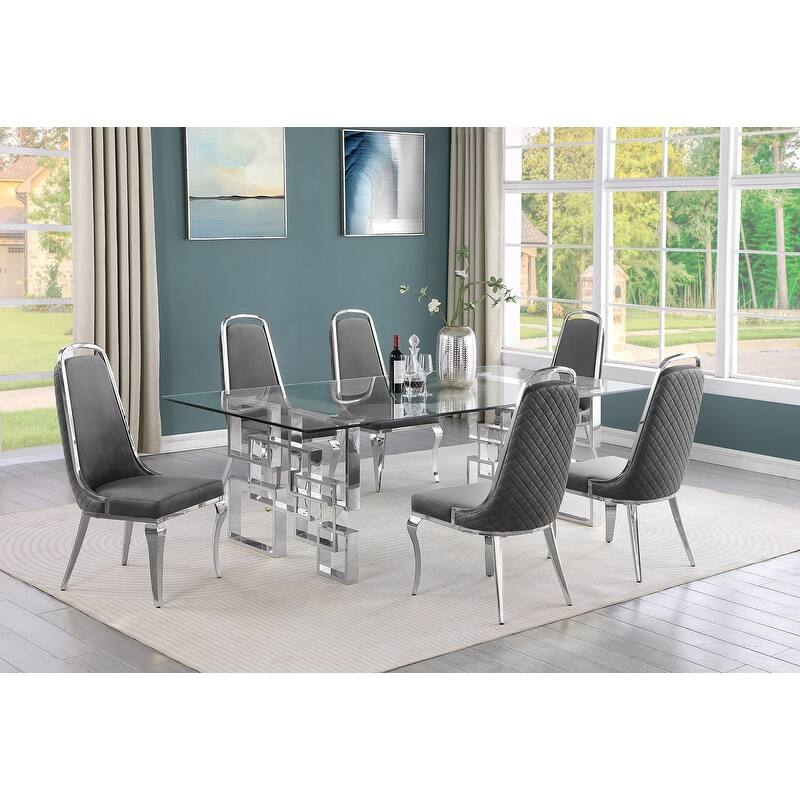 Best Quality Furniture Big Glass Table Dining Sets - 7pcs - Chrome - Dark Gray