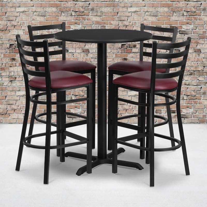 30'' Round Laminate Table Set with X-Base and 4 Ladder Back Metal Barstools