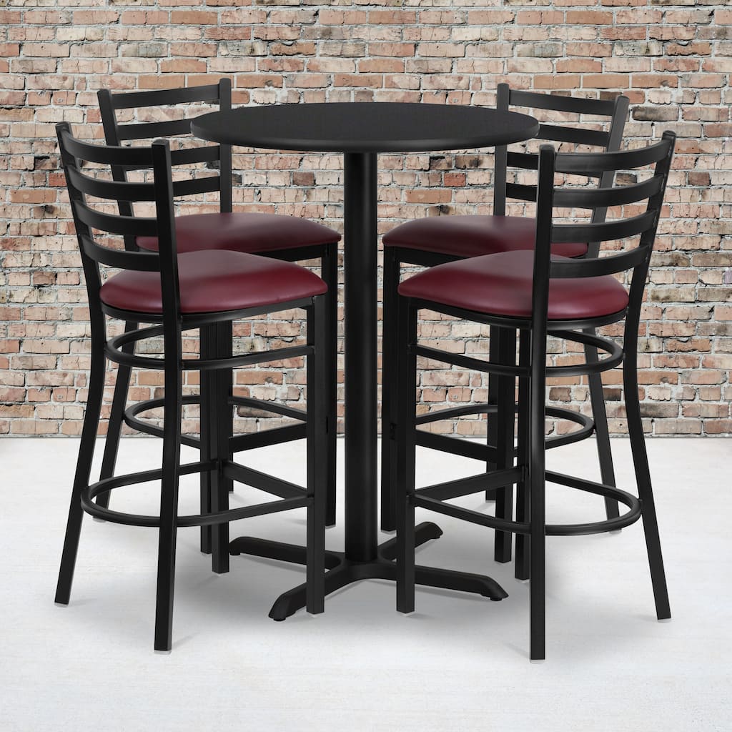30'' Round Laminate Table Set with X-Base and 4 Ladder Back Metal Barstools