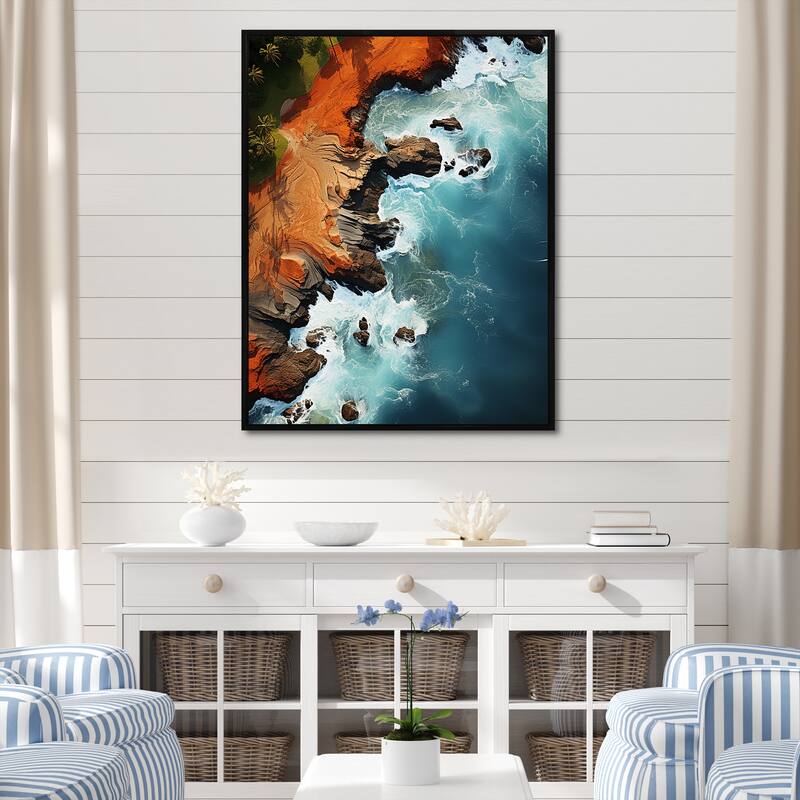 Designart "Rocky Beach Aerial View I" Coastal Beach White Wall Decor - Coastal Hallway Framed Wall Art Decor - 16 in. wide x 32 in. high - Black