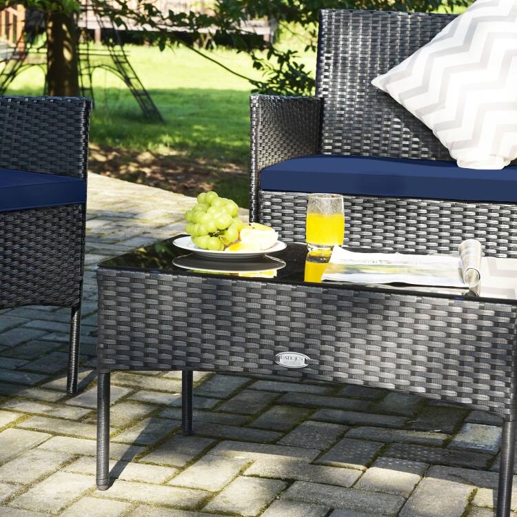 4 Pieces Patio Rattan Cushioned Sofa Set with Tempered Glass Coffee Table - 24" x 23.5" x 33" (L x W x H)