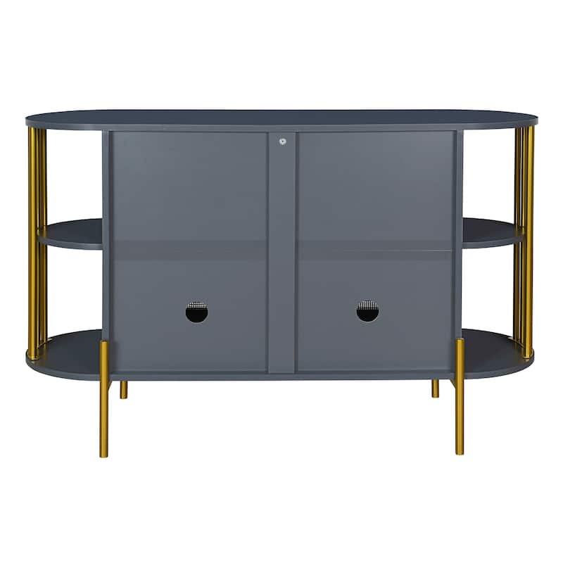 2-Door Elegant Curved Dining Cabinet with Gold Trim and Woven Rattan Doors for Dining Room (Black)