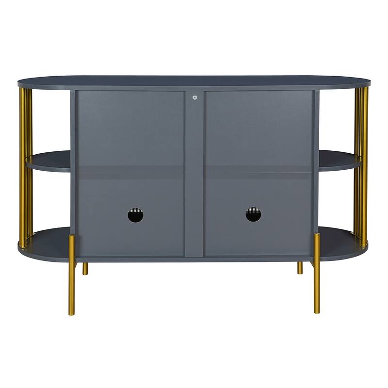 Curved Sideboard with Woven Rattan Doors and Open Storage - Dark Grey