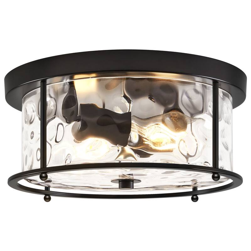 2-Light Flush Mount Water Rippled Glass Ceiling Light with Metal Frame