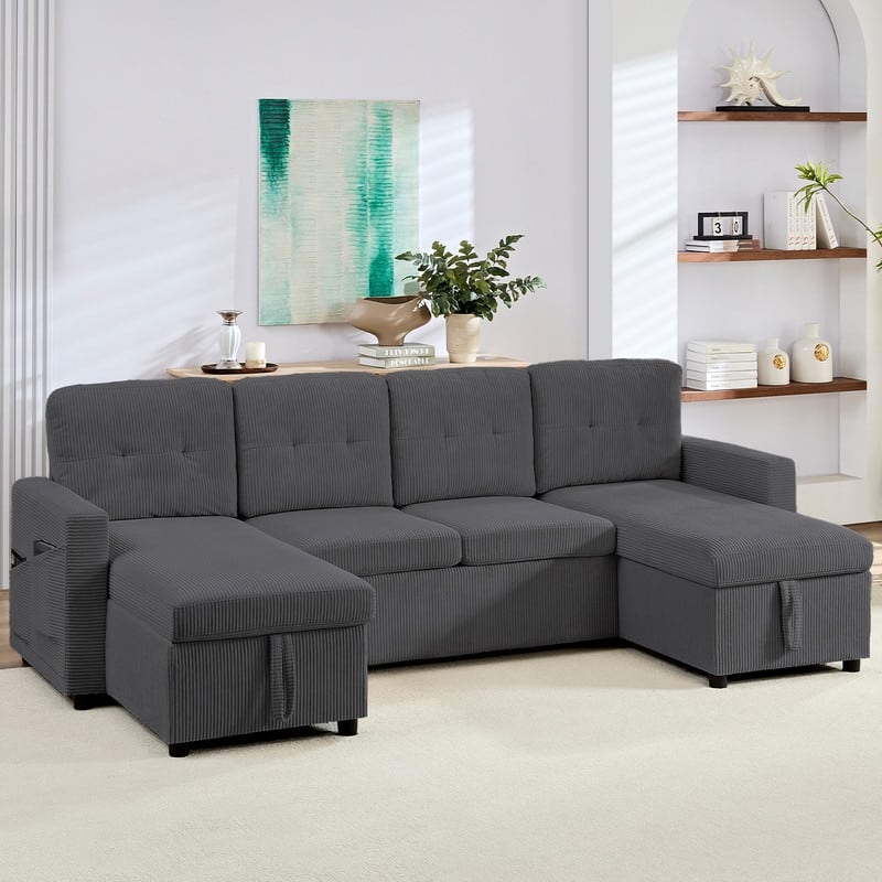 W103" Corduroy 4-Seater Modular Sleeper Sofa Bed with Storage Chaise,U-shaped Sofa with Pull-out Bed