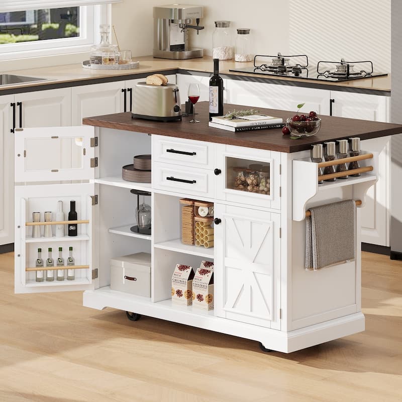 54.9" Kitchen Island with Drop Leaf, Power Outlet, Rolling Wheels, and Storage Racks - 54.9'' x 29.5'' x 36''