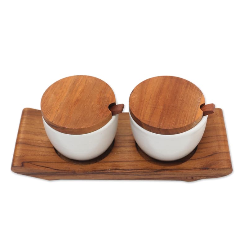 Novica Handmade Flavor Duo In White Ceramic And Teak Wood Condiment Set