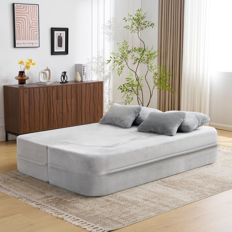 Queen Size Modern Sofa With 4 Pillows,Plush Fabric Futon Sofa Couch,High-Density Foam Folding Mattress,No Assembly Required