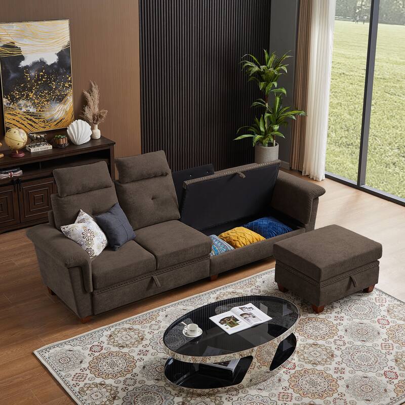 109" Modern 4 Seaters Towelling Sectional Sofa with Hidden Coffee Table Adjustable Headrest and Large Storage Space