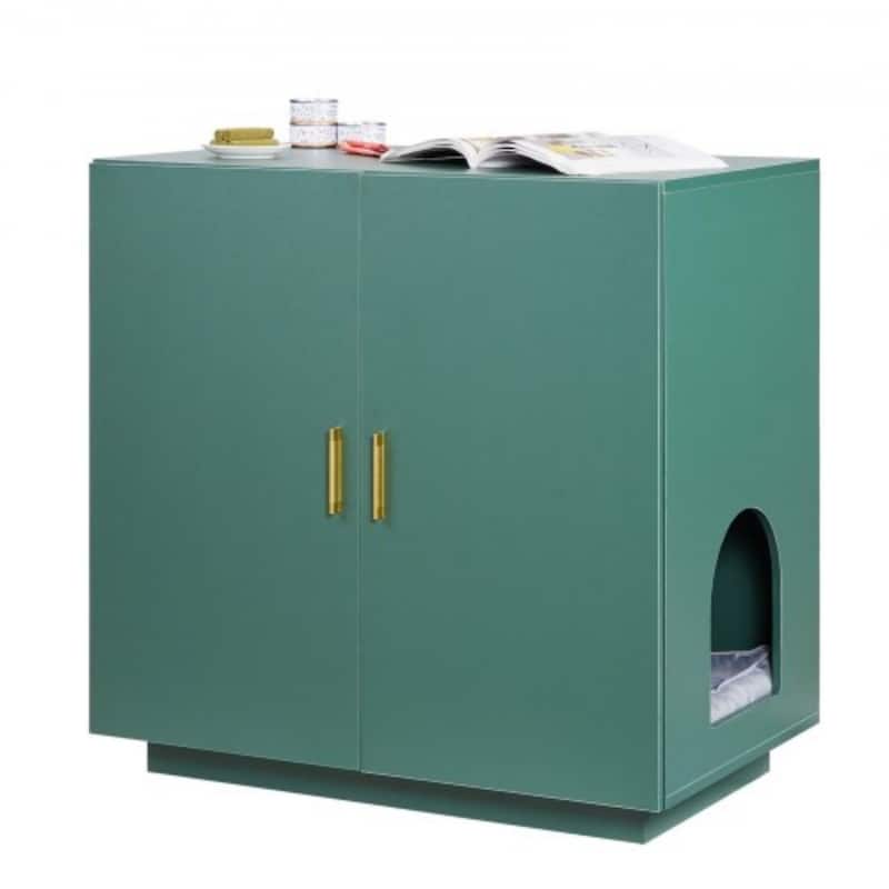 Dark Green P2 Particle Board Cat Litter Box Enclosure with Gold Handles - 31.50 × 19.69 × 31.10 inch