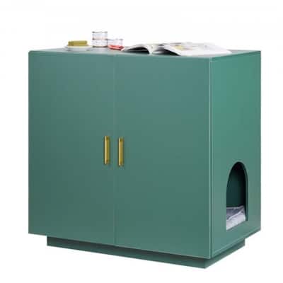 Dark Green P2 Particle Board Cat Litter Box Enclosure with Gold Handles - 31.50 × 19.69 × 31.10 inch