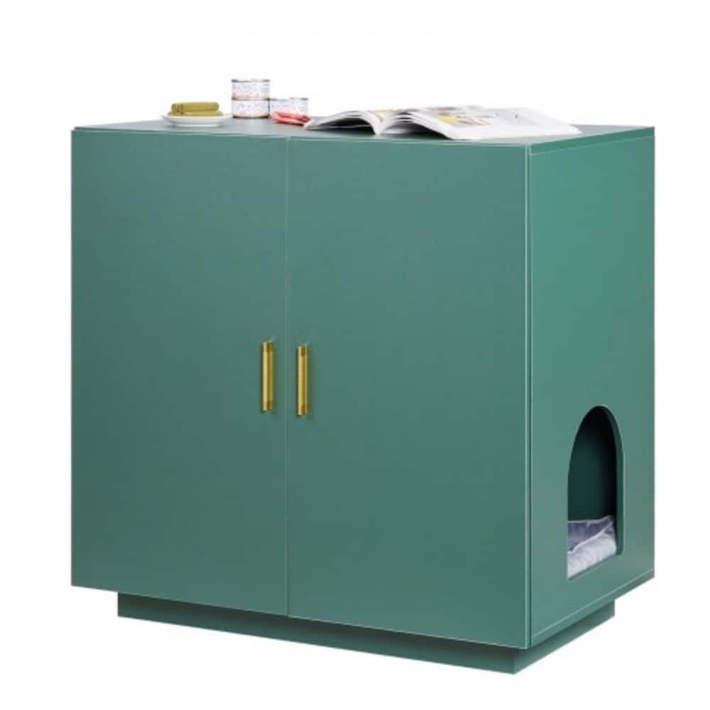 Dark Green P2 Particle Board Cat Litter Box Enclosure with Gold Handles - 31.50 × 19.69 × 31.10 inch