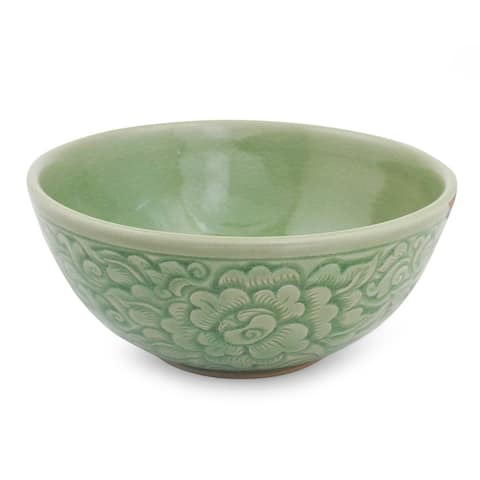 Handmade Green Peony Celadon ceramic bowl (Thailand)