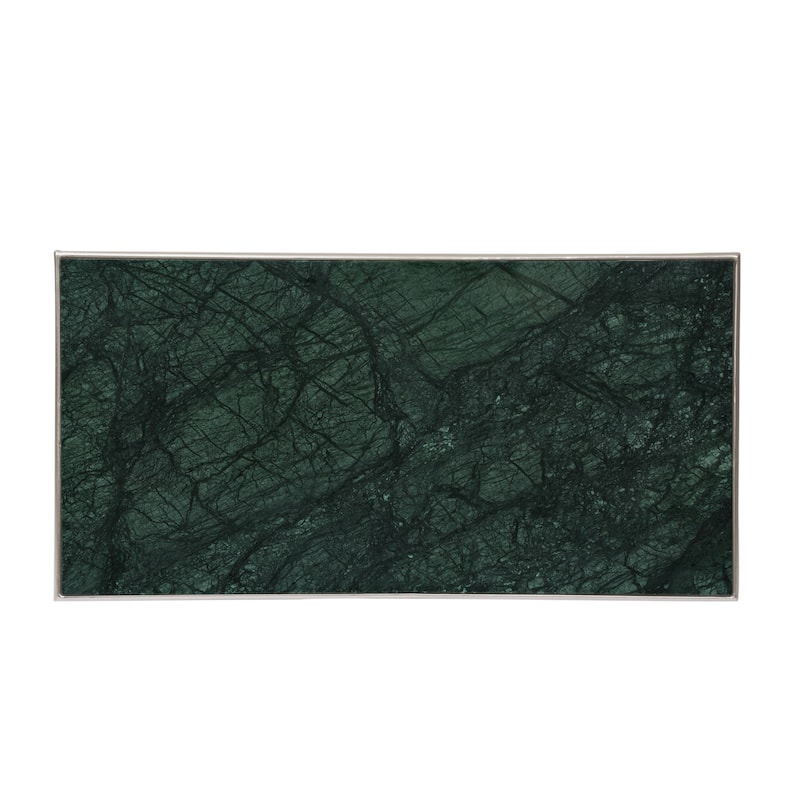 Roomfitters Modern Accent Coffee Table with Faux Green Marble Glass Top, Geometric Silver Metal Frame, Contemporary Style