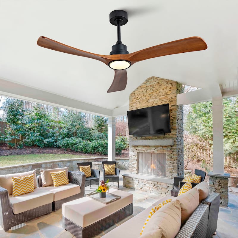 52 Inch Wood Ceiling Fan With 3 Solid Wood Blades Remote Control Reversible DC Motor For Living Room - Black
