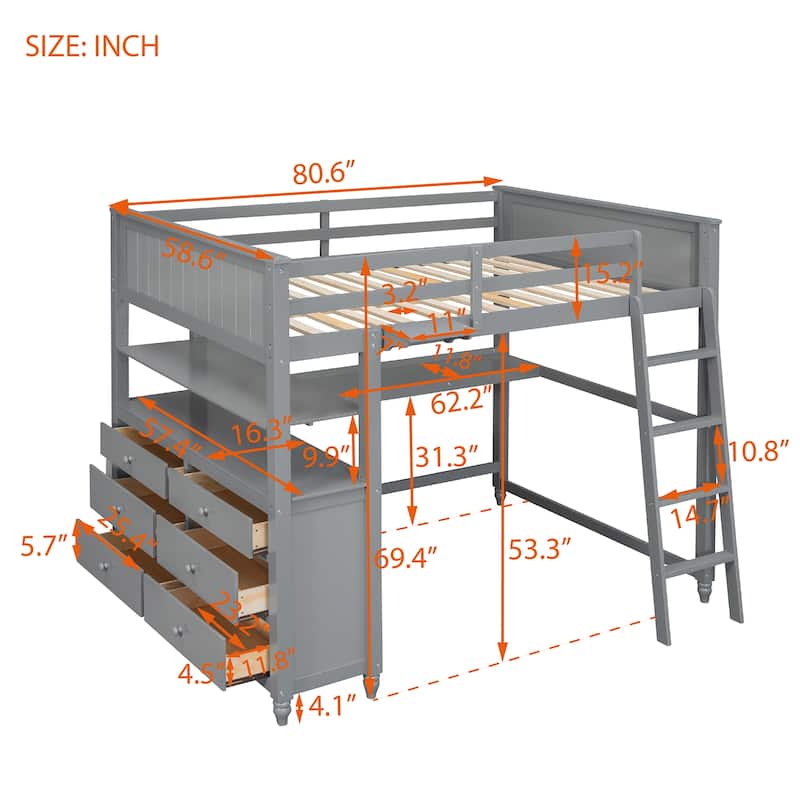 Full Size Loft Bed with Built-in Desk, Shelf & Drawers, Solid Wood ...