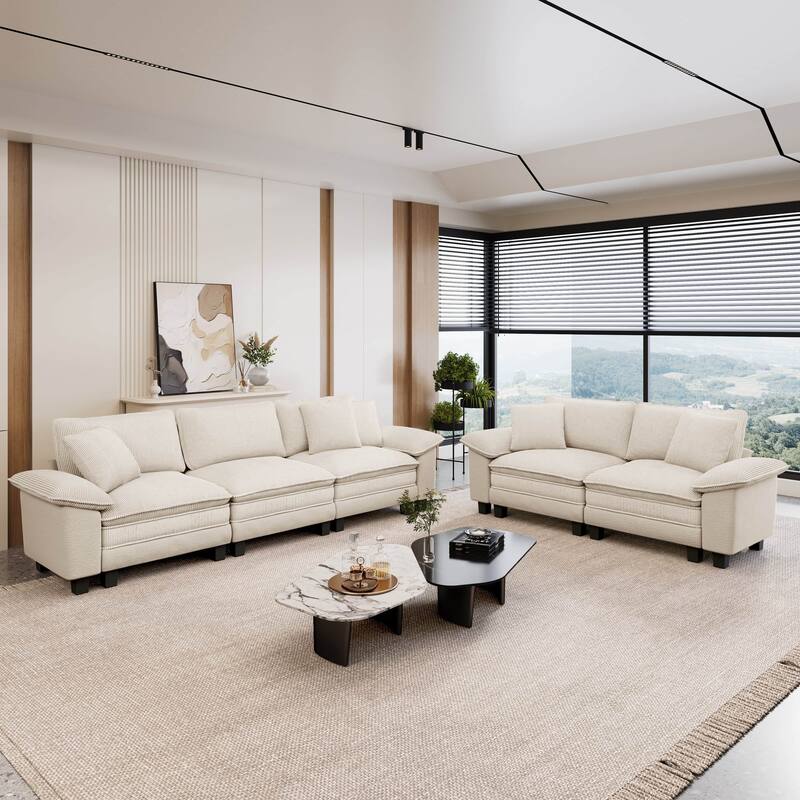 MAISON ARTS 2-Piece Living Room Sofa Set, Comfy 3/4/5-Seater Modular Loveseat & Armchair with Throw Pillows - Off- White ( 5 Pieces ) - Left Facing