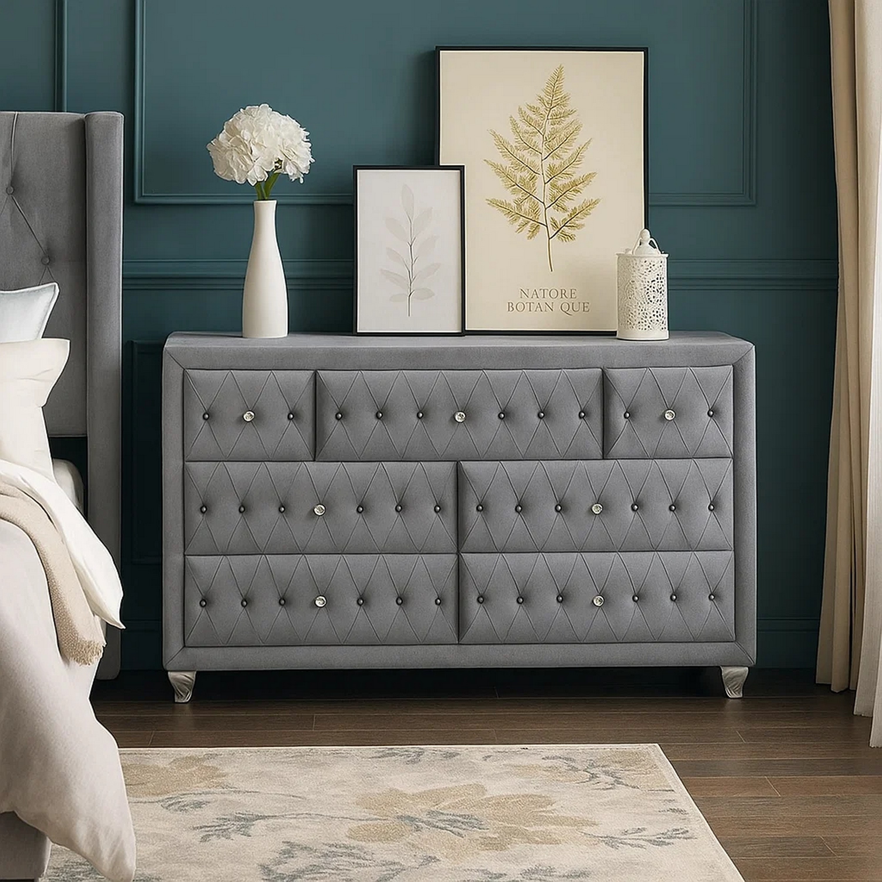 grey dresser with crystal knobs Rea Wide Dresser, 7 Drawers With Crystal Knobs, Gray Velvet Upholstery