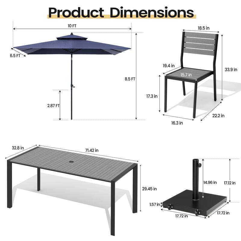 9-Piece Outdoor Patio Dining Set Wood Like Aluminum Umbrella Hole Table with Stackable Chairs, Market Umbrella and Wheel Base
