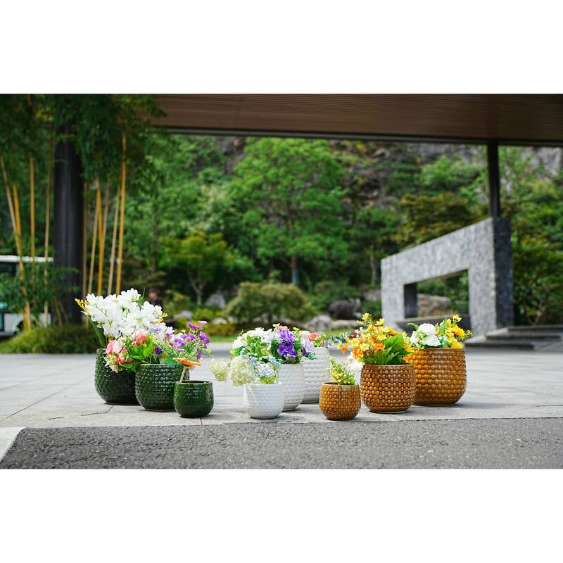 Emerald Green Ceramic Planter Set of 3 - 9.5" Square Modern Plant Pots with Drainage Holes