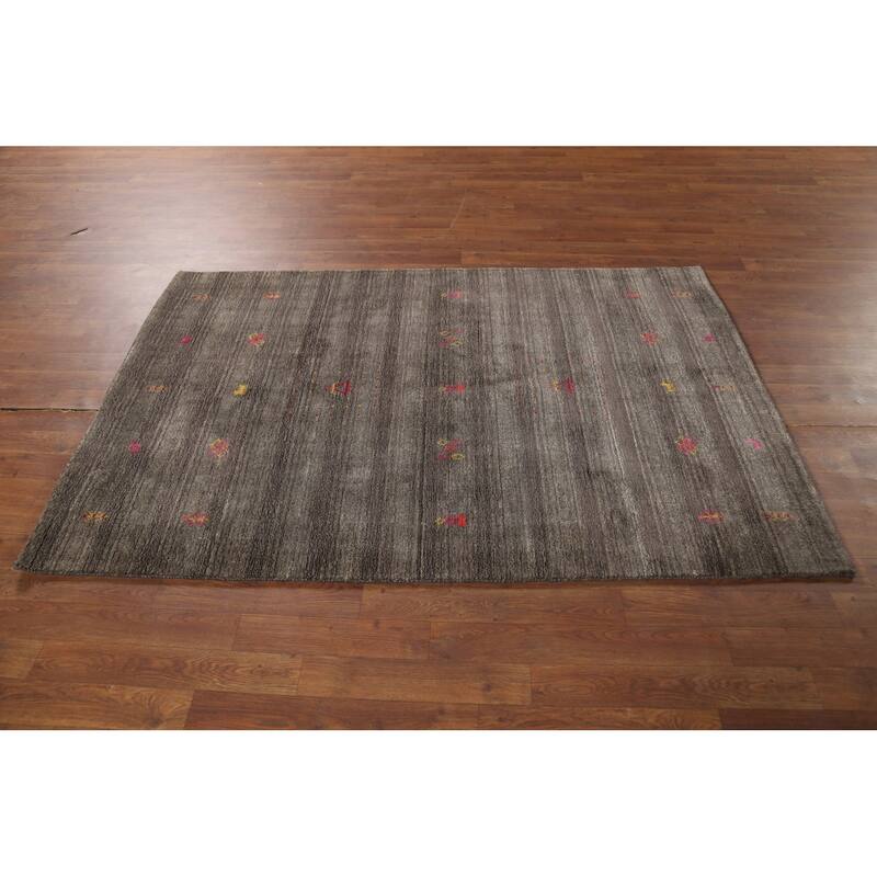 Striped Brown Gabbeh Indian Area Rug Hand-Knotted Wool Carpet - 3'11"x 6'1"