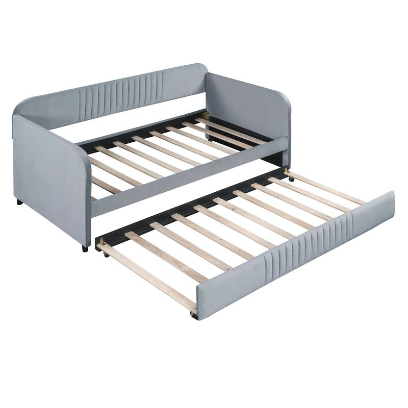 Twin Upholstered Daybed with Trundle Bed - Velvet Fabric Sofa Bed with Wood Slats, for Small Spaces, No Box Spring Needed