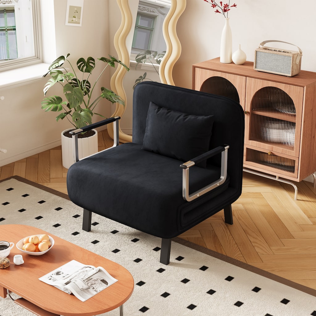 31.5″ Convertible Chair Bed, Tri-Fold Sofa Bed with Adjustable Backrest, Black Metal Sleeper Chair
