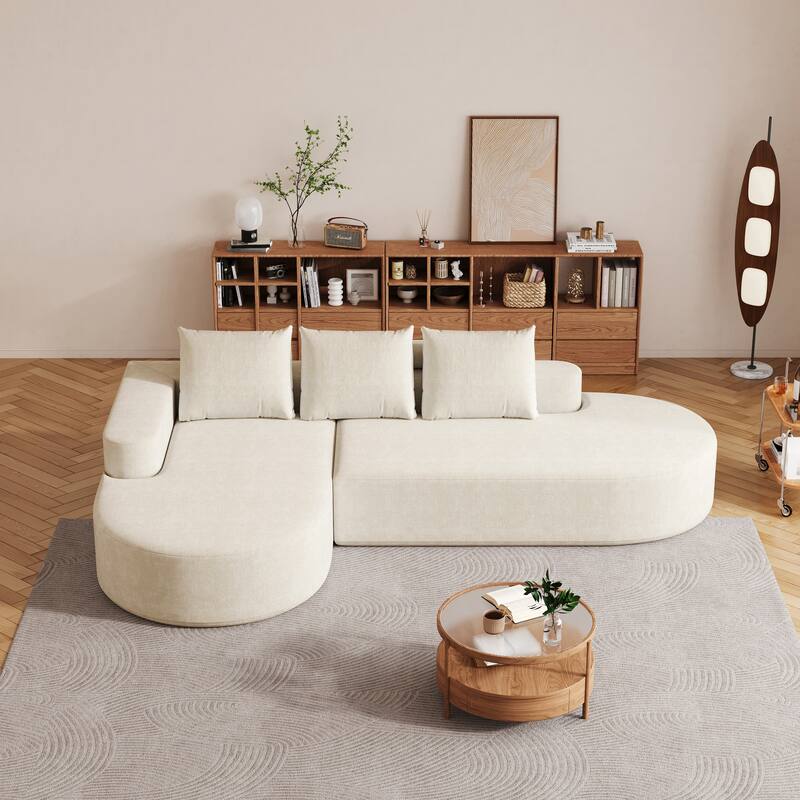 L Shaped Modular Curved Sectional Sofa, Chenille Upholstered 3 Seat Sofa, Corner Sofa with 3 Pillows for Living Room, Bedroom