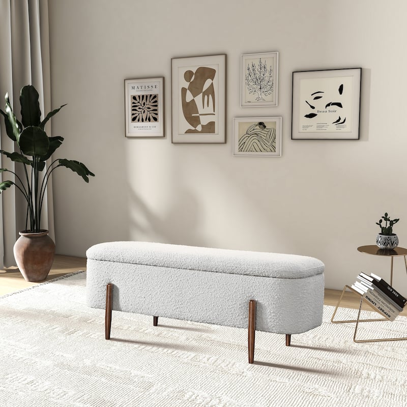 Kaho Japandi Style Boucle Fabric Upholstered Ottoman Bench with Storage - Ivory
