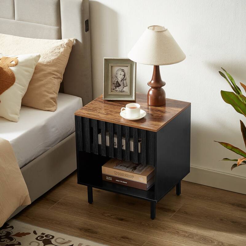 Modern Mid-Century Nightstand with Grille Striped Doors and Metal Legs, Ample Storage Bedside Table