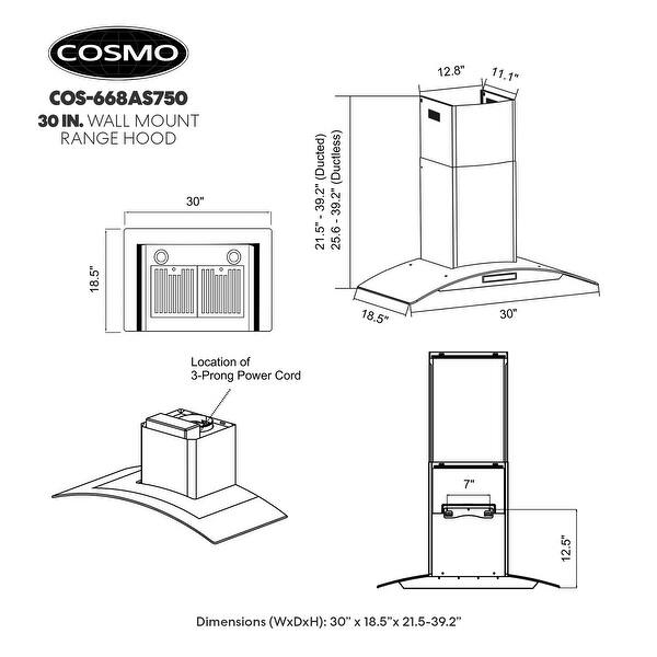 dimension image slide 0 of 2, Cosmo COS-668AS Wall Mount Range Hood With Touch Controls