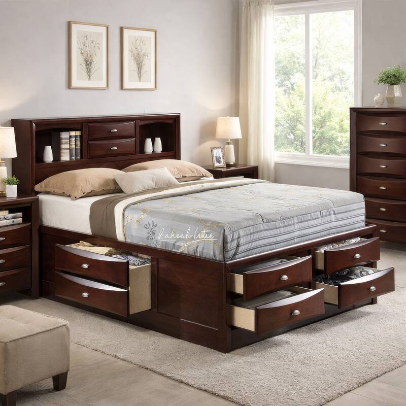 Panel Design Eastern King Size Bed with Bookcase and Drawers, Brown