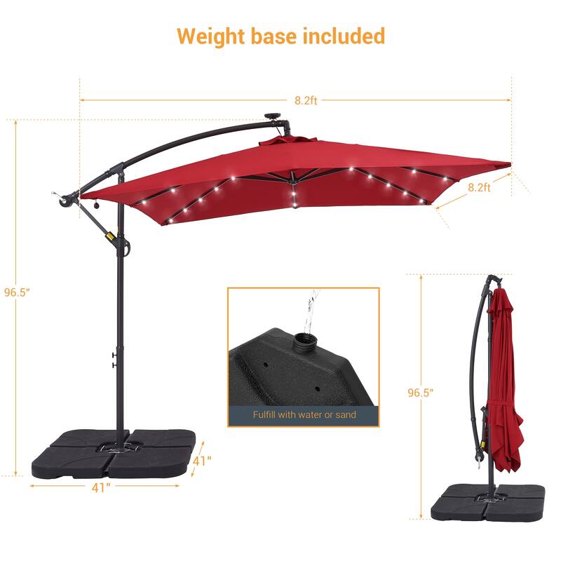 LIVOOSUN Solar Powered 8.2ft LED Patio Offset Umbrella With Base
