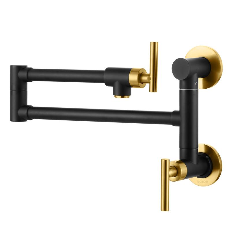 WOWOW Wall Mounted Pot Filler with Control Double Joint Swing Arm - Black and Gold