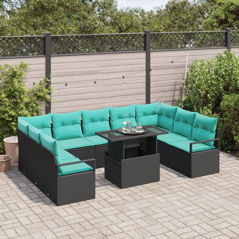 vidaXL 10 Piece Garden Sofa Set with Cushions Black Poly Rattan - 113.8×69.7×27.2