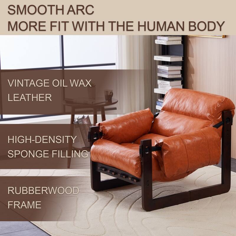 Vintage Orange Medieval Modern Lounge Chair - Removable Armrests, Waxed Leather & Rubberwood Frame