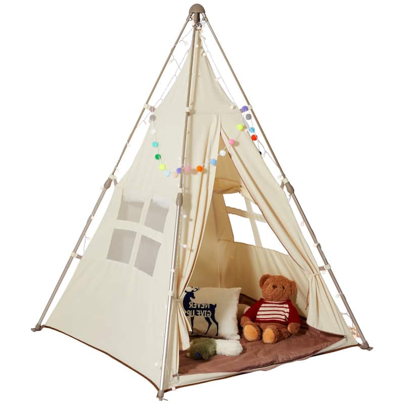 Beige Peach Skin Kids Teepee Tent with Mat, Pop-Up Playhouse for Ages 1 to 5 - 50.4” D x 49.2” W x 68.9” H