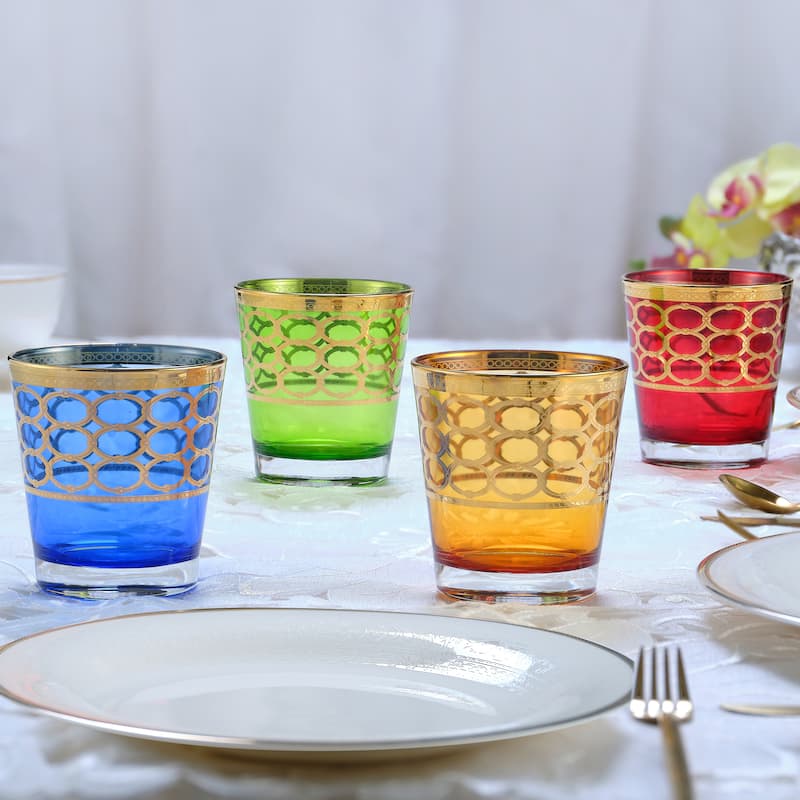 Lorren Home Trends Multicolor Double Old Fashion with Gold Rings, Set of 4