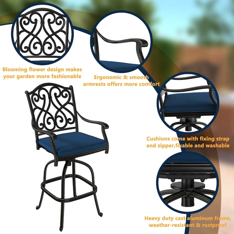 Patio Cast Aluminum Vintage Carved Barstools with Cushions (Set of 2)