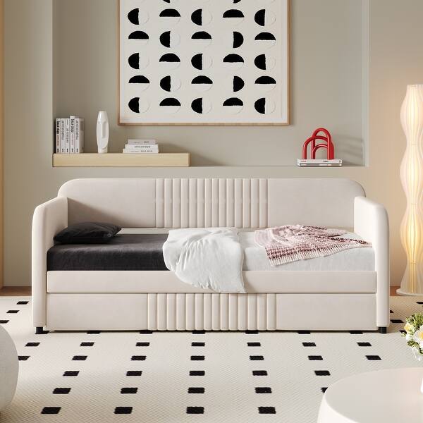 slide 2 of 12, Twin Daybed with Pull-out Twin Size Trundle Bed & Wood Slat Support, Velvet Upholstered Bed Frame for Livingroom Bedroom, Beige Beige